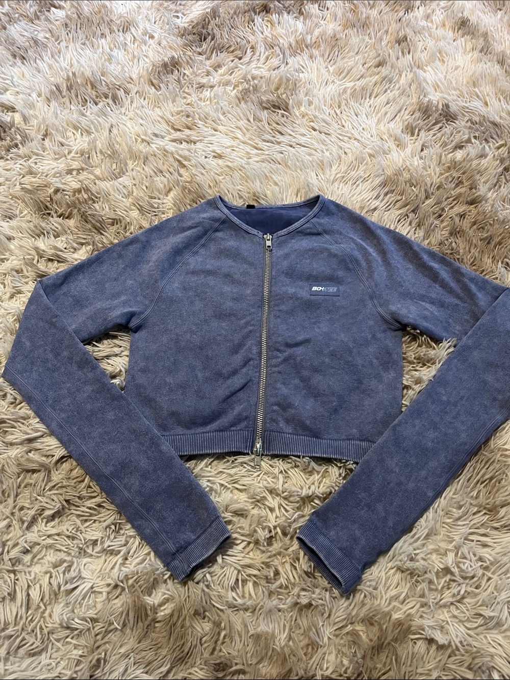 Bo+Tee Blue Gray Cropped Zip-Front athletic Jacket